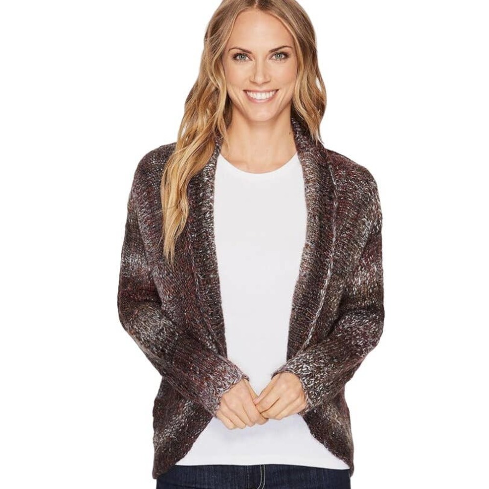 PrAna Women's Rosewood Wrap Open Circle Cardigan Sweater M Wool Blend Gray Brown